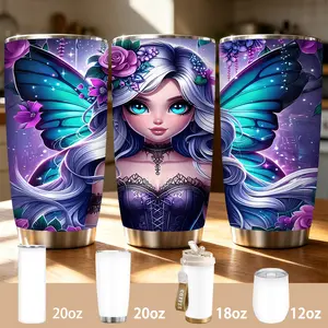 Mystical Fairy Enchanted Wings Floral Crown Ethereal Beauty Tumbler, 12/18/20oz Multi-Size Stainless Steel Insulated Cup, Fantasy Art Magical Fairy Design Travel Mug, Keeps Cold/Hot for Hours, Ideal Daily Use & Gift for Fairy Lovers