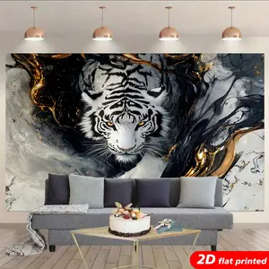 White Tiger Abstract Painting Tapestry Wall Hanging - Modern Black-Gold Metallic Marble 2D Flat Printed Wildlife Art, Luxury Home Decor for Living Room, Ideal Gift for Man Cave Enthusiasts, Abstract Painting Tapestries