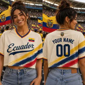 Custom Ecuador Soccer Jersey Crop Top, Personalized Name Number Football Shirt, Ecuador Flag Graphic Tee, Cute Game Day Sports Soccer Gift JNY