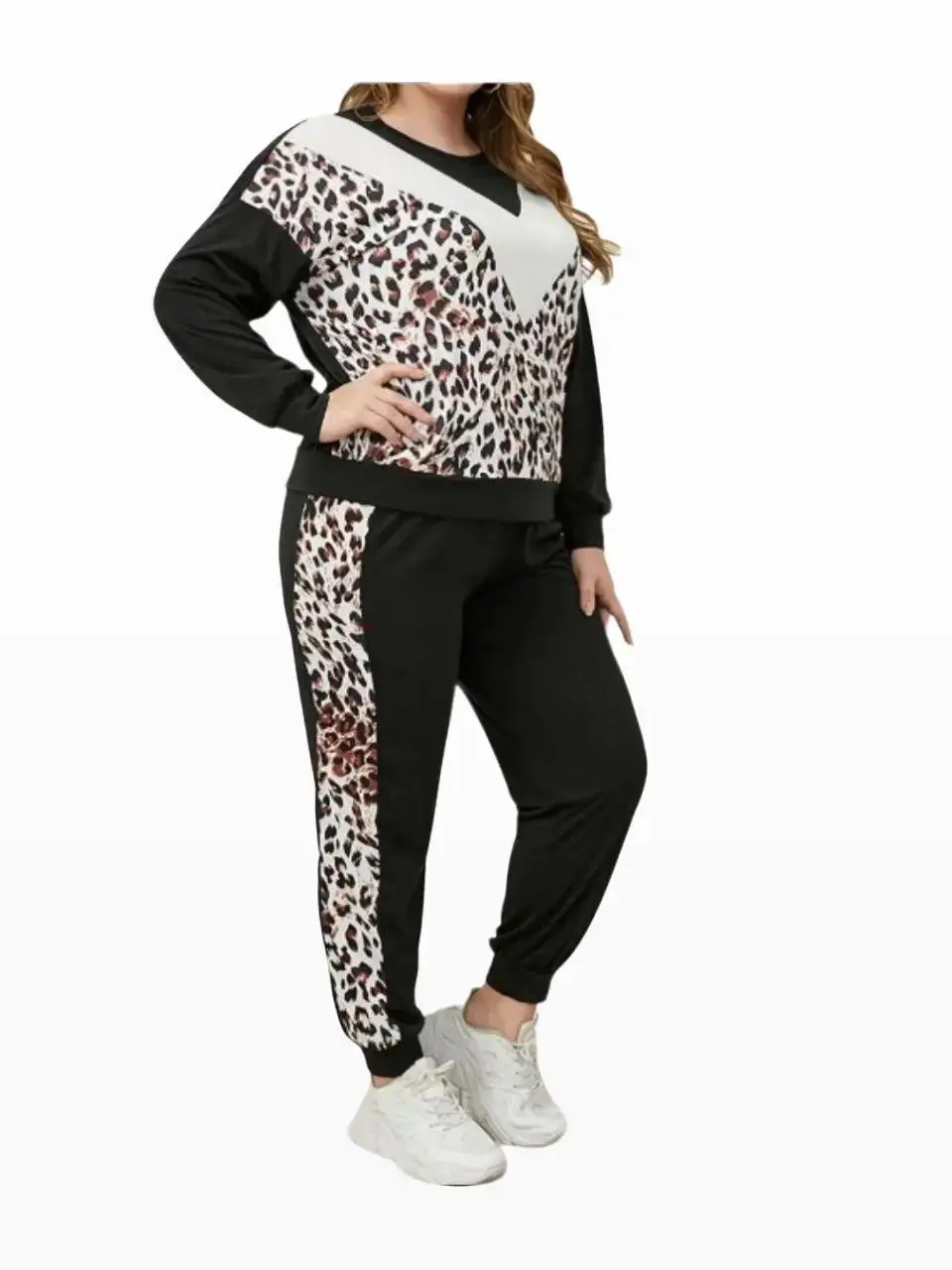 Plus Size Leopard Sweatshirt and Sweatpants Set