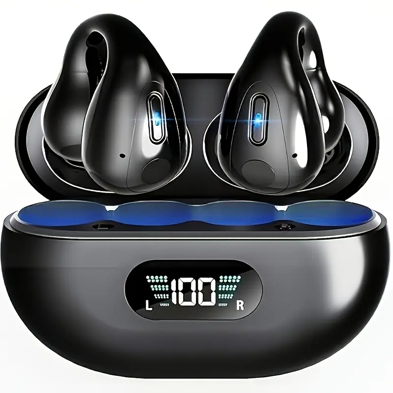 Wireless Open Ear Headset, Bluetooth 5.3 Audio Earbuds with 90Hz HD Stereo, Noise Cancelling, Touch & Call Control, Microphone, LED Power Indicator, Rechargeable for Sports, Driving (Compatible with Cellphones), Headphone, Stereo Audio, Electronic, 20Khz
