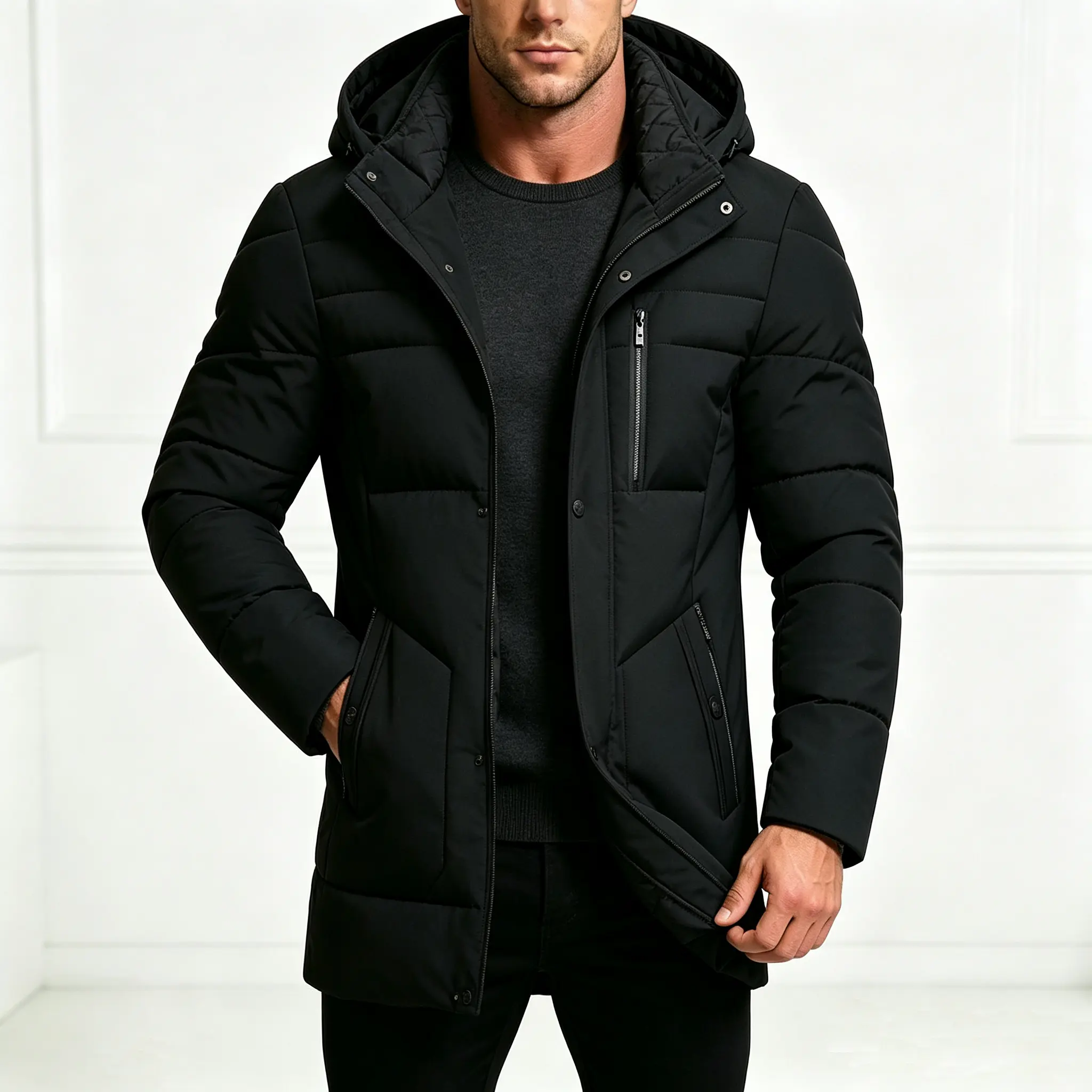 Men's Quilted Winter Parka, a Warm Mid-Length Garment with Plush-Lined Fabric, Windproof with a Detachable Hood, Long Sleeves and Zipper Pockets, Buckle, Menswear, Plain Casual Cotton, Metallic, Layer, Outdoor, Slim-Fitting