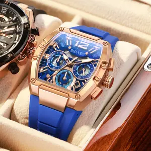 SOLLEN 719 Men's Tonneau Case Quartz Watch 24-Hour Chronograph Calendar Multifunctional Luminous Waterproof Design Silicon Strap Trendy Sporty Fashionable Watch Perfect Gift for Boyfriend Husband or Dad Birthday Valentine's Father's Day or Wedding