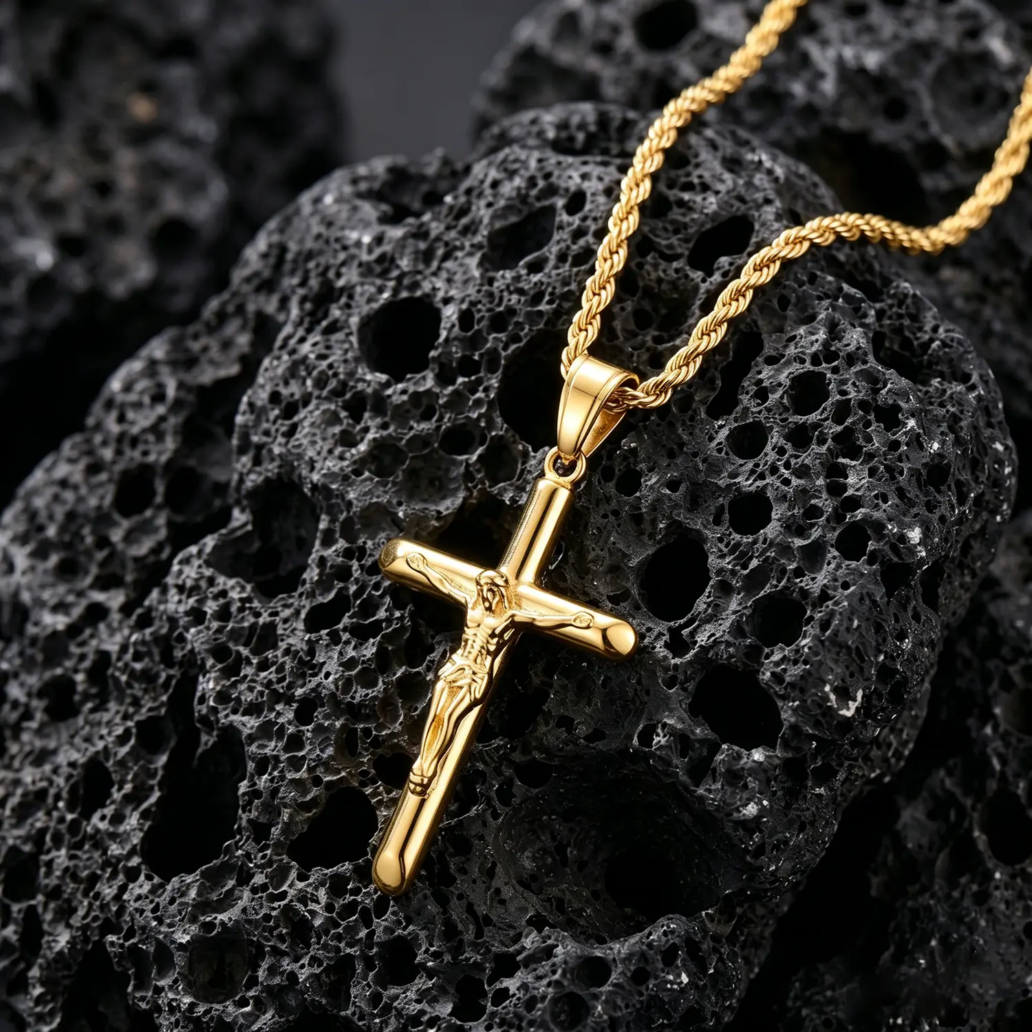 14K Gold-Plated Jesus Crucifix Necklace for Men and Woman Stainless Steel Rope Chain 18/20/22/24 Inch Christ Religion Fashion Gift