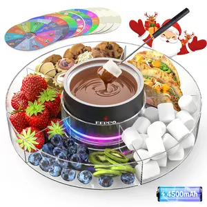 FEPPO Rotating Food Serving Tray & Cordless Chocolate Fondue Pot for House Party or Movie Night, 2*4500mAh Rechargeable with Mood Lighting & 10 Game Cards Included.  –Housewarming Gift Set & Party Ideas