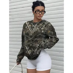 Women's Camo Print Drop Shoulder Pullover, Casual Loose Long Sleeve Round Neck Sweatshirt for Fall & Winter, Women's Clothes for Daily Wear, Womenswear, Lady