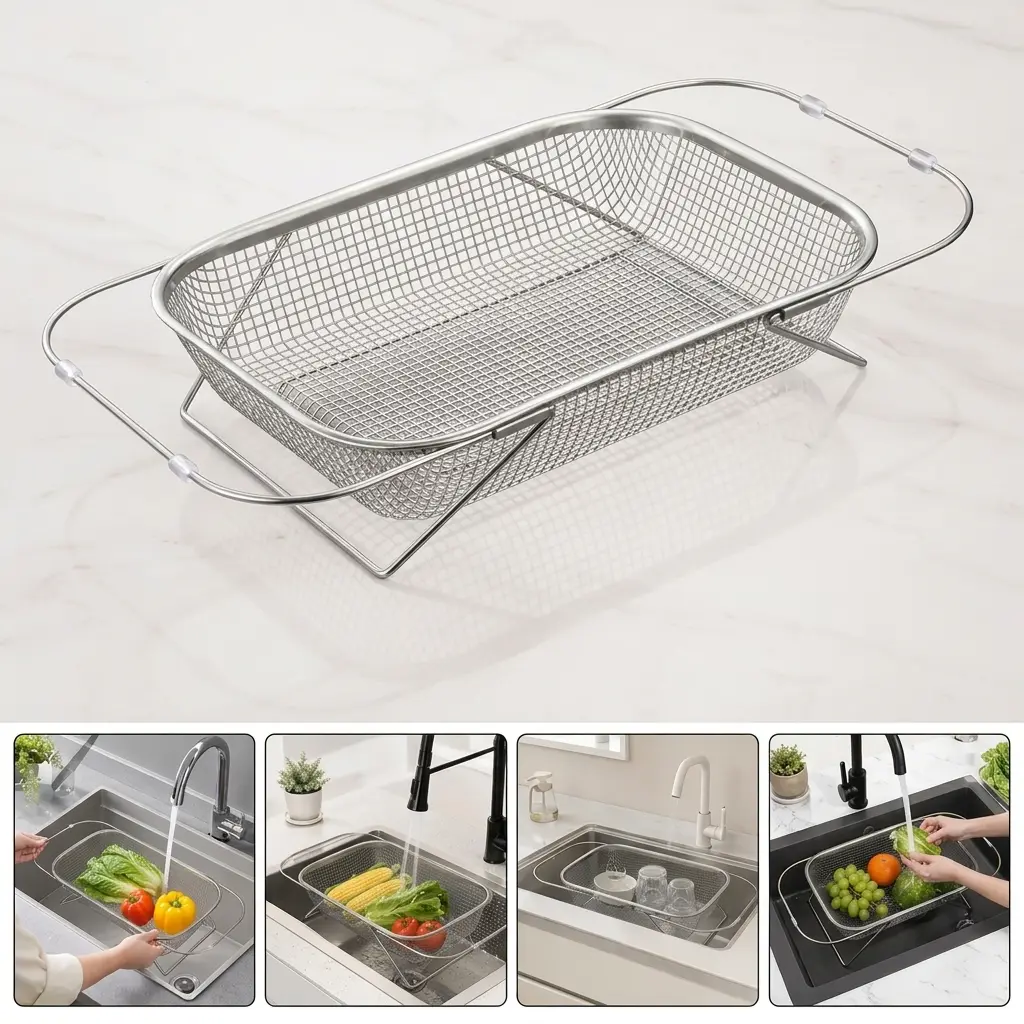 Stainless Steel Expandable Over-The-Sink Colander, Fine Mesh Rectangle Strainer Basket with Handles, Silver Kitchen Essential Utensil