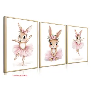 3-Piece Set, Wall Decor for Baby Girls' Nurseries, Easter-Themed Canvas Art Set for Nurseries, Decorative Artwork, Cute Pink Rabbit Poster, Suitable for Boys' and Girls' Rooms, Bedrooms, and Home Decor, Frameless