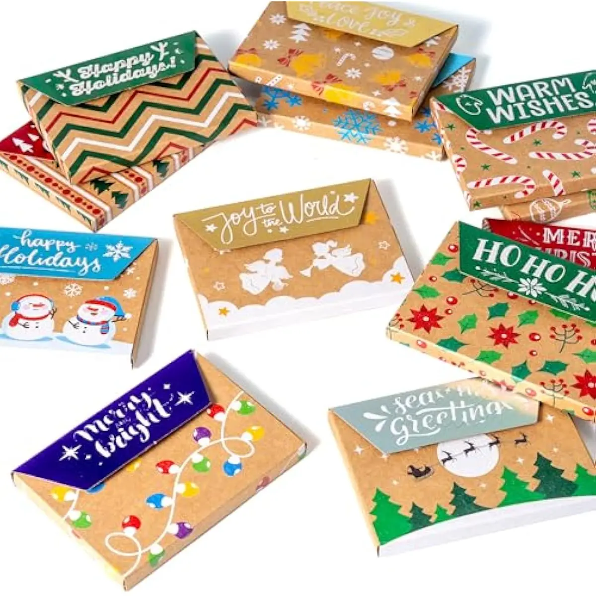 JOYIN 12PCS Gift Card Boxes Holder for Christmas, Brown Kraft Paper Envelope Boxes for Presents Wrapping, 12 Design Xmas Holiday Birthday Decor, Small Party Favor Money Cash Holder
