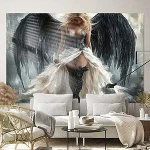 1pc White 2D Flat Ethereal Angel with Black Wings Polyester Backdrop - Ideal for Birthday Parties, Classroom Decor, Wall Hangings and Photo Booth Props