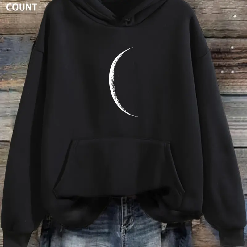 Women's Moon Graphic Print Drop Shoulder Adjustable Drawstring Gift Hoodie, Printed Hooded, Casual Long Sleeve Kangaroo Pocket Hooded Sweatshirt for Fall & Winter, Women's Clothes for Daily Wear, Womenswear Tops, Fabric