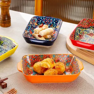 4Pcs Double Handle Rectangular Serving Plates Set, Microwave Oven Safe Modern Ceramic Dinner Plates for Sushi, Dessert, Salad, Pasta, Baking, Suitable for Home Kitchen Dorm Restaurant Dinnerware Sets Home Cutlery Tableware