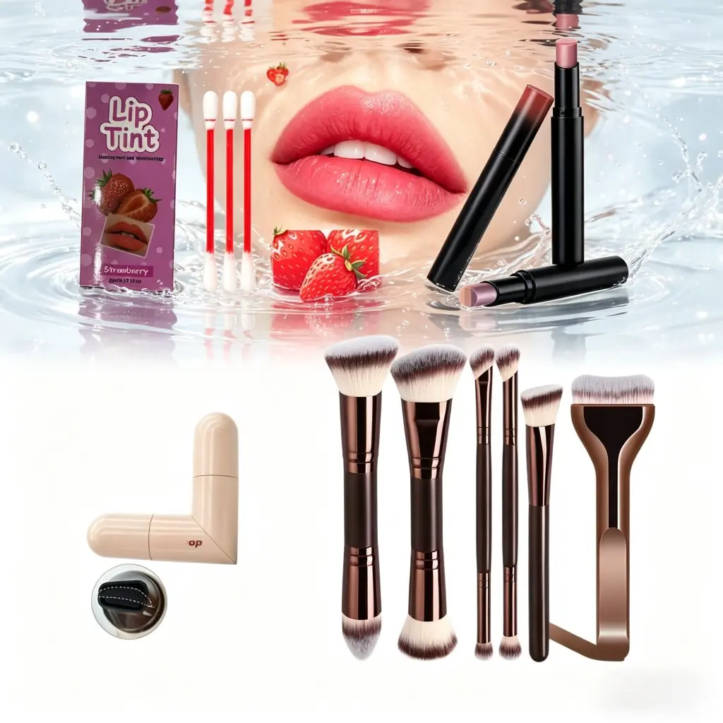 11-Piece Makeup Set for All-Day Use, Strawberry Cotton Swab Lip Gloss + Multi-Use Eyeshadow Stick + 6 High-Quality Brushes, Ideal for Beginners & Beauty Lovers