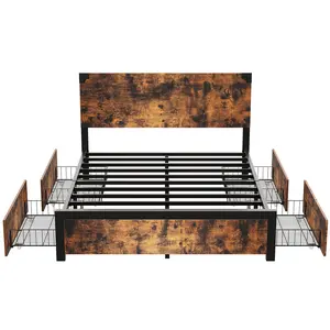 Garvee Noise-Free Queen Bed Frame with 4 Storage Drawers and Headboard – Rustic Vintage Wood & Metal Platform Large Storage Space No Box Verano Needed Ideal for Kids and Teens