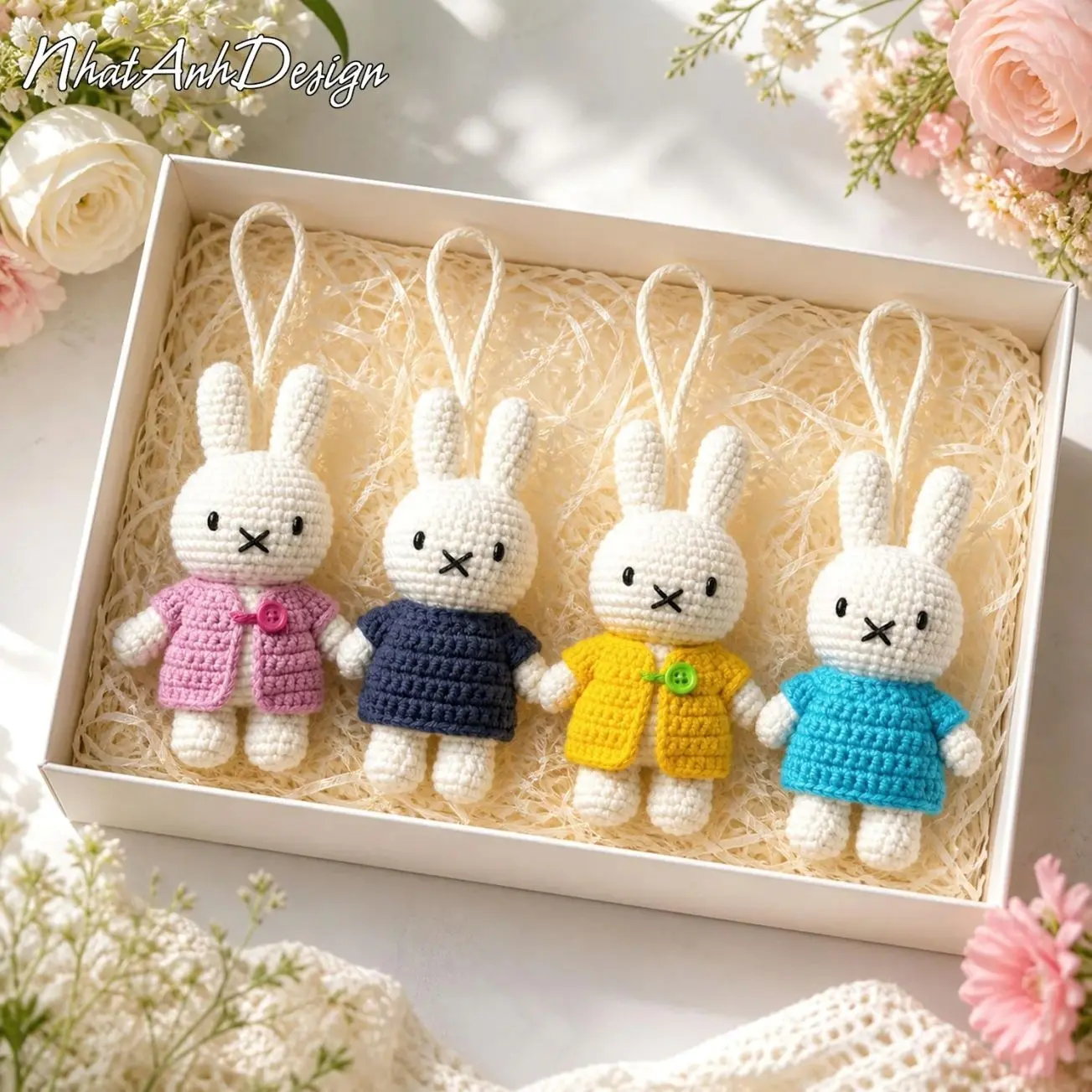 Miffy Crochet Keychain, Cute Bunny Car Hanging Charm, Mini Amigurumi Rabbit Bag Charm, Rearview Mirror Ornament, Handmade Gift
