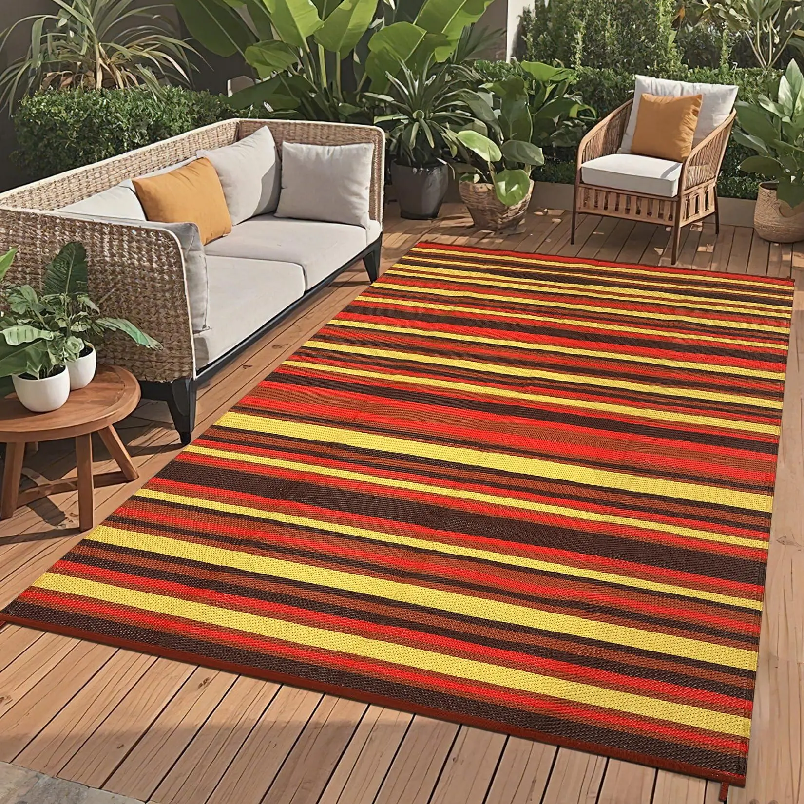 9x12 Outdoor Rug Modern Geometric Reversible Plastic Straw Outdoor Rugs Colorful Striped Indoor Outdoor Carpet UV Resistant Stain Large Rug for Balcony Deck Beach, Purple Red Orange Yellow