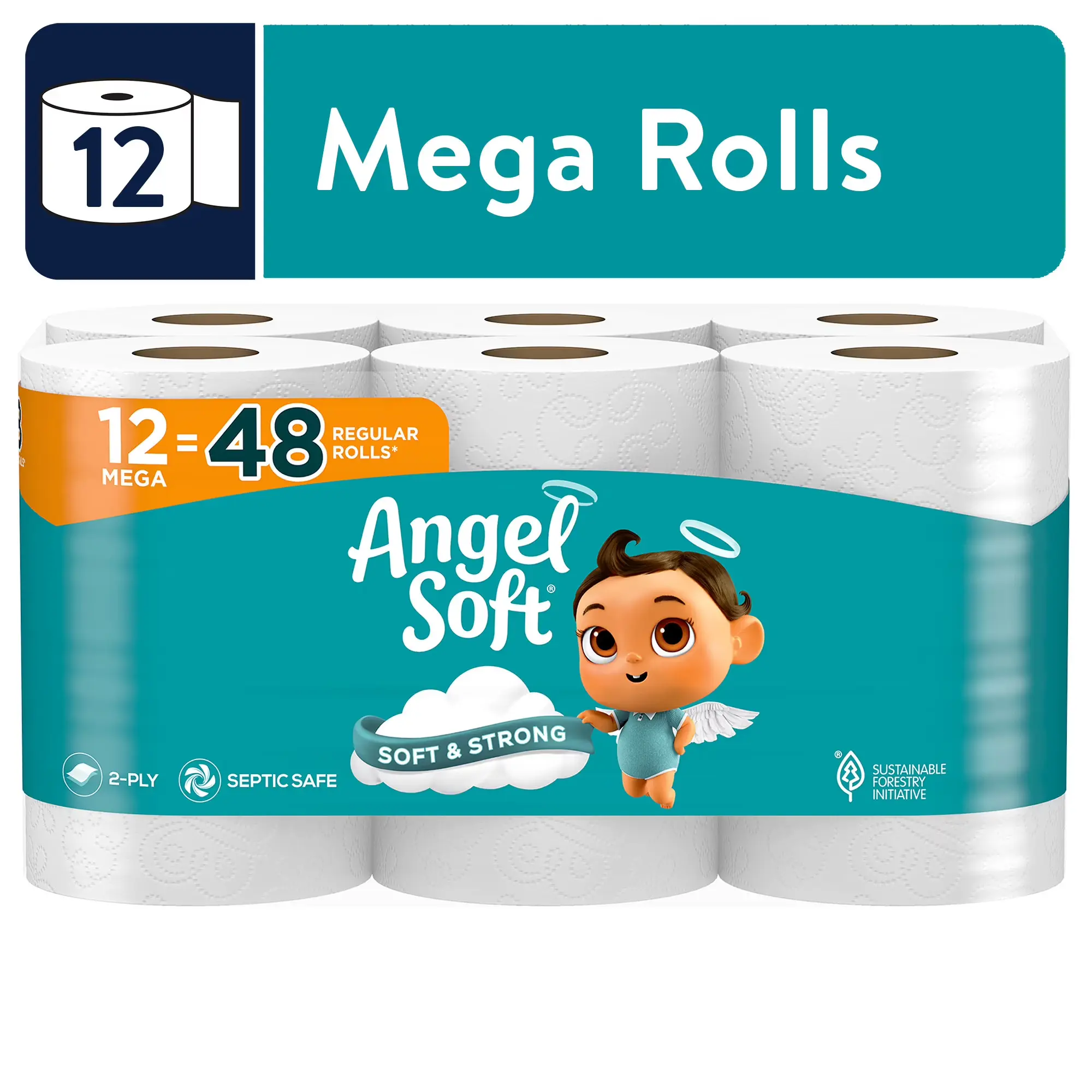 Angel Soft 2-Ply Disposable Tissues & Toilet Paper & Wipes, 12 Mega Packs (4x Larger Than Regular), 320 Sheets Per Pack, Soft, Durable, Septic-Safe, Eco-Sourced, Ready-to-Use, Less Roll Changes, Long-Term Bathroom Home Care Supplies