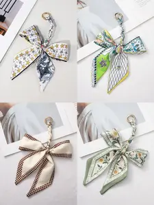 European and American Style Bow Bag Charm, Geometric Pattern Keychain Pendant, Sweet Design for All Seasons, Silk Scarf Weaving Accessory