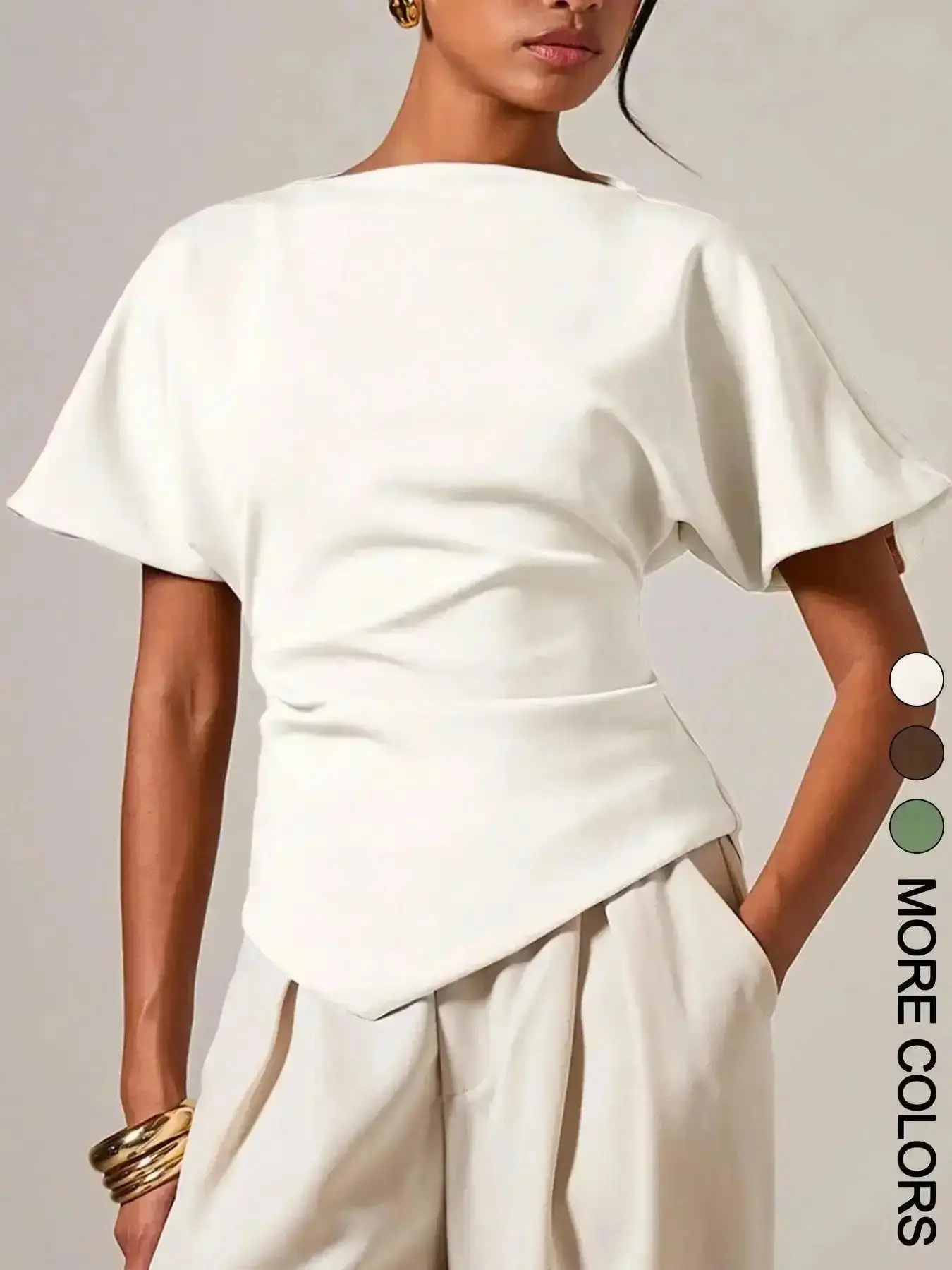 1 Piece Boat Neck Ruched Waist Asymmetric Blouse for Women, Dolman Short Sleeve Batwing Fitted Slim Fit Wrap Hem Top, Stretchy Breathable Fabric, Figure Flattering Casual Work Office Daily Wear Going Out, Soft Touch