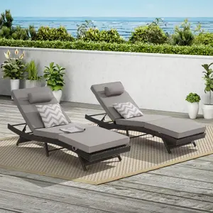 Outdoor Long Reclining Chairs Set of 2 Patio Wicker Chaise Lounge Chair with Five Position Adjustable Backrest & Removable Cushion, Sunbathing Lounger for Beach Poolside Garden Backyard,Light Gray