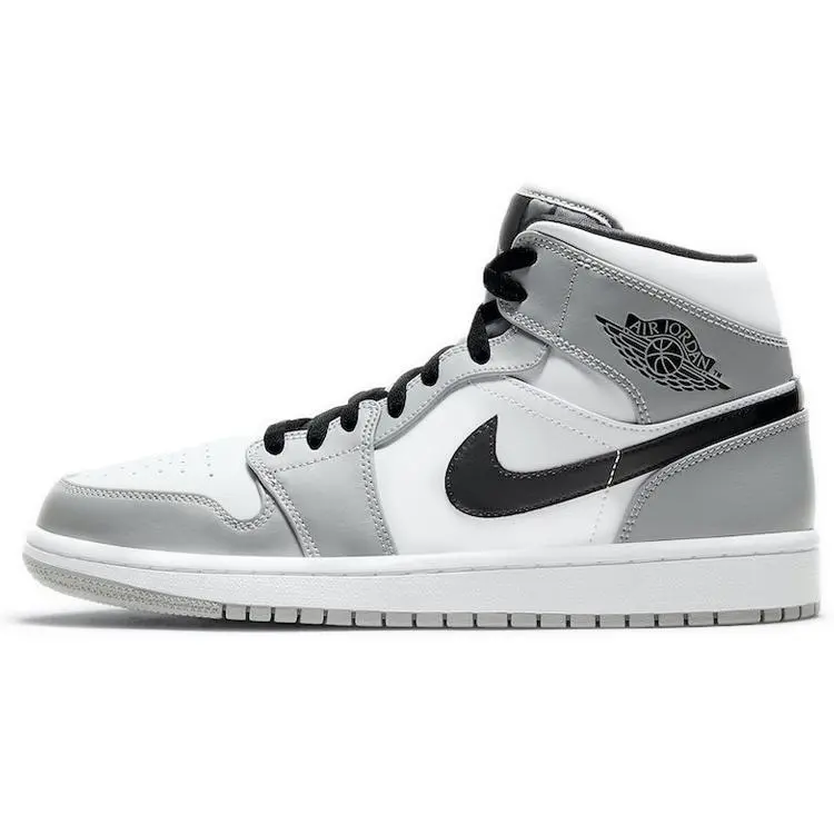 Air Jordan 1 Mid-Cut 'Smoke Grey' Sports Sneaker - Leather Upper, Grey Leather Construction, Comfy Fit, Closed Design, Solid Color, US M 10, 10US Size, Suitable for Everyday Wear