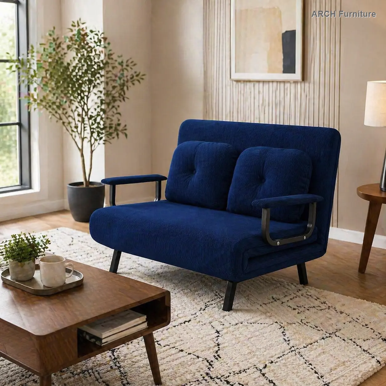 Industrial Retro Vertical Ribs Corduroy+Metal 5-in-1 Convertible Sofa Bed - 2-Seater Double Sleeper, 5-Position Adjustable Backrest, Easy Fold-Up, Pillow, Space-Saving Indoor Furniture for Watch Party (71.6x46in, Blue), Two-Seater