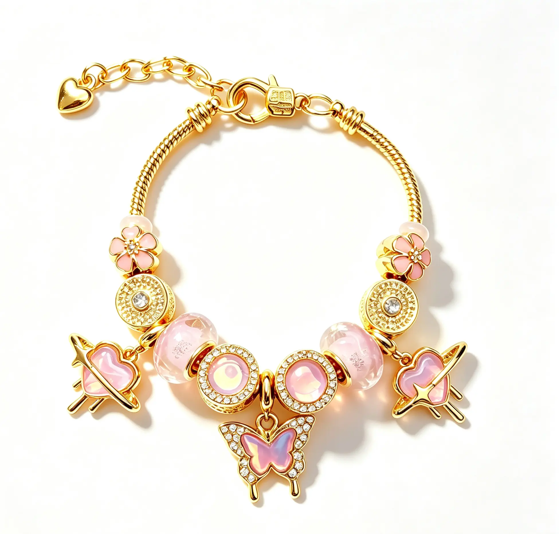 Dreamy Pink Butterfly Charm Bracelet: Sparkling Heart & Flower Gold Chain Bangle - Romantic Jewelry Gift for Her
