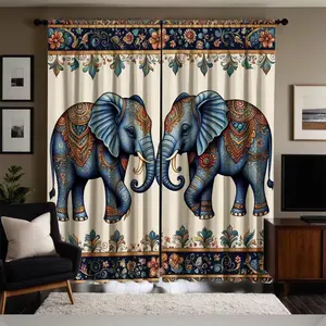 Elegant Elephant Print Half-Blackout Curtains Set, Blue Majestic Elephants with Floral Pattern, 100% Polyester Fiber