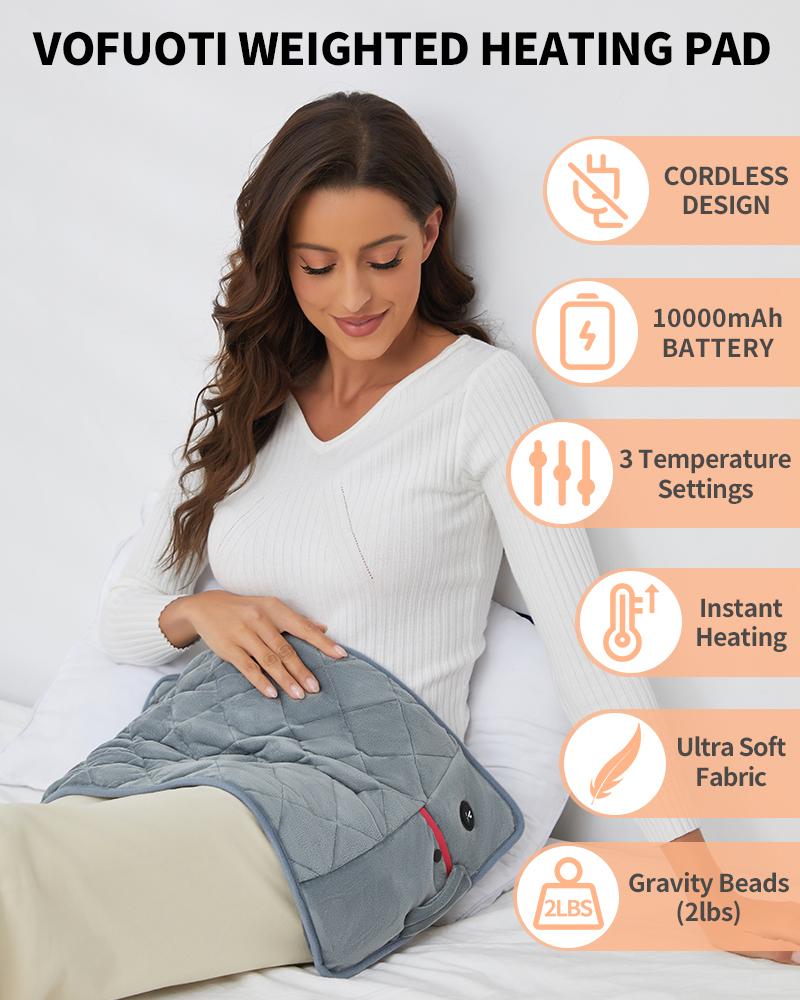 Vofuoti Portable Heating Pad, Cordless Weighted Heating Pads with 10000mAh Battery and 3 Heat Settings, Electric Heated Pad for for Back, Abdomen, Neck & Shoulder, Gift for Family