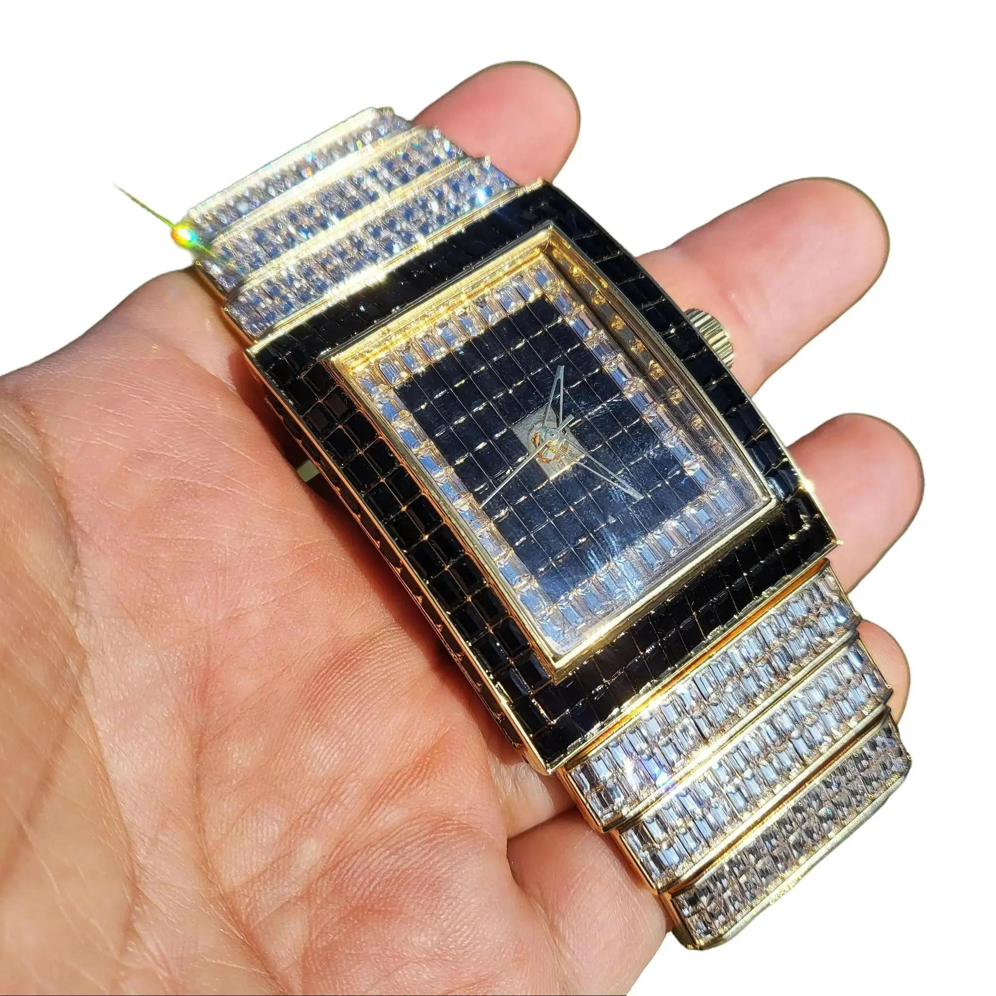 MaxBling81 Men's Quartz Watch, 2-Tone Gold Plated Timepiece with Square Dial, Full-Stone Baguette Crystal Band & Fold Over Clasp, Gold Plated Watch, Square Dial Wristwatch, Metal, Gift For Boyfriend, Male Watch