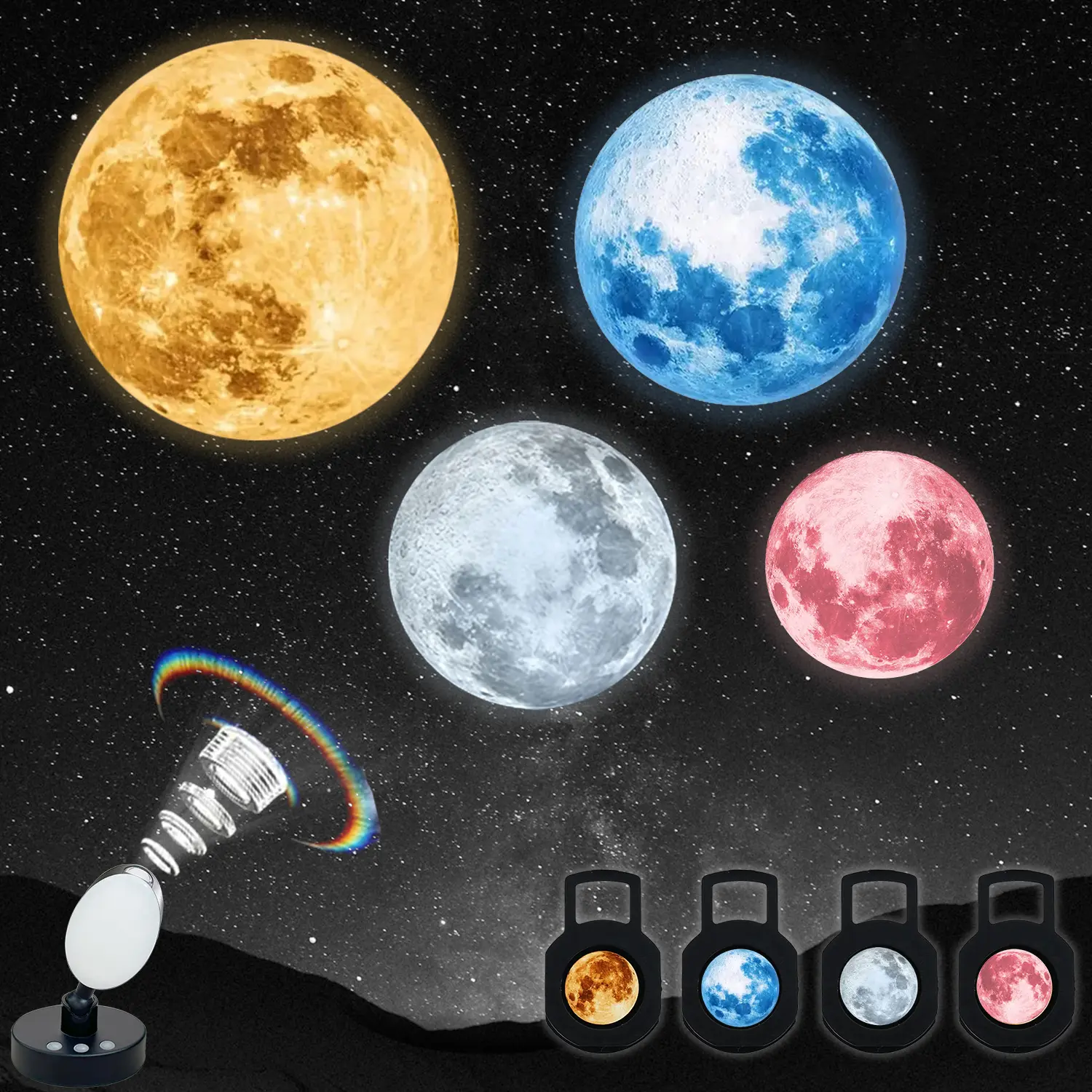 Moon Planet Projector Night Light - 360° Rotatable USB Rechargeable Lamp with 4 Moon Filters, Bedroom Room Decoration, Ideal Gift for Astronomy Lovers, Batteries, 4 Realistic Moon Image Filters