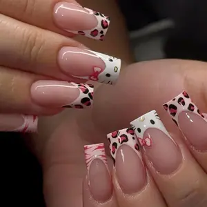 Sweet Leopard Print Cat Press on Nails, French Style Removable Wearable Nail Set, 30 Pieces Glossy Medium Length