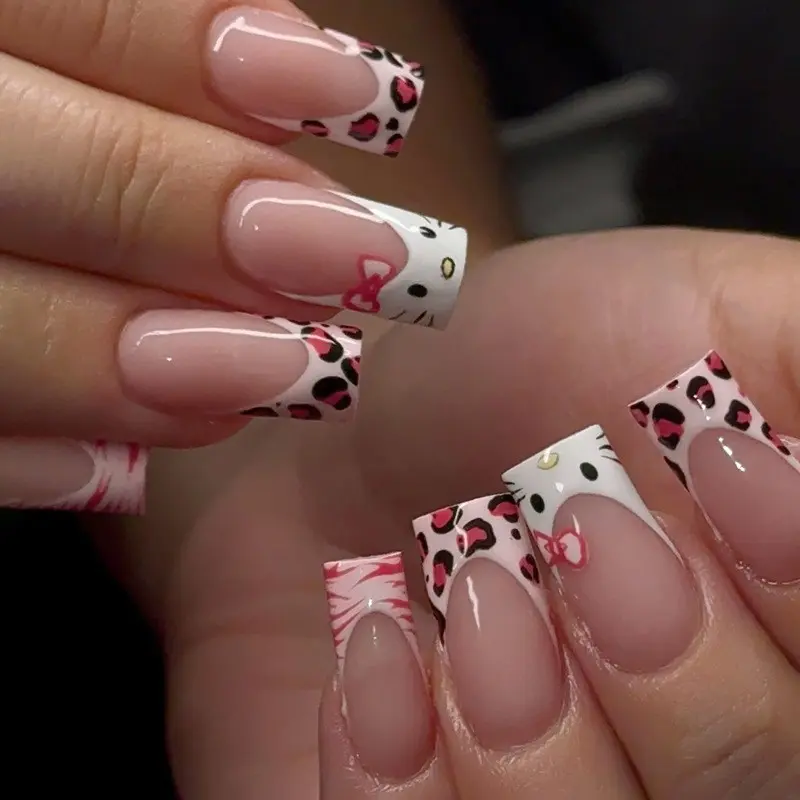 Sweet Leopard Print Cat Press on Removable False Nails, French Style Removable Wearable Nail Set, 30 Pieces Glossy Medium Length Nail Art Products