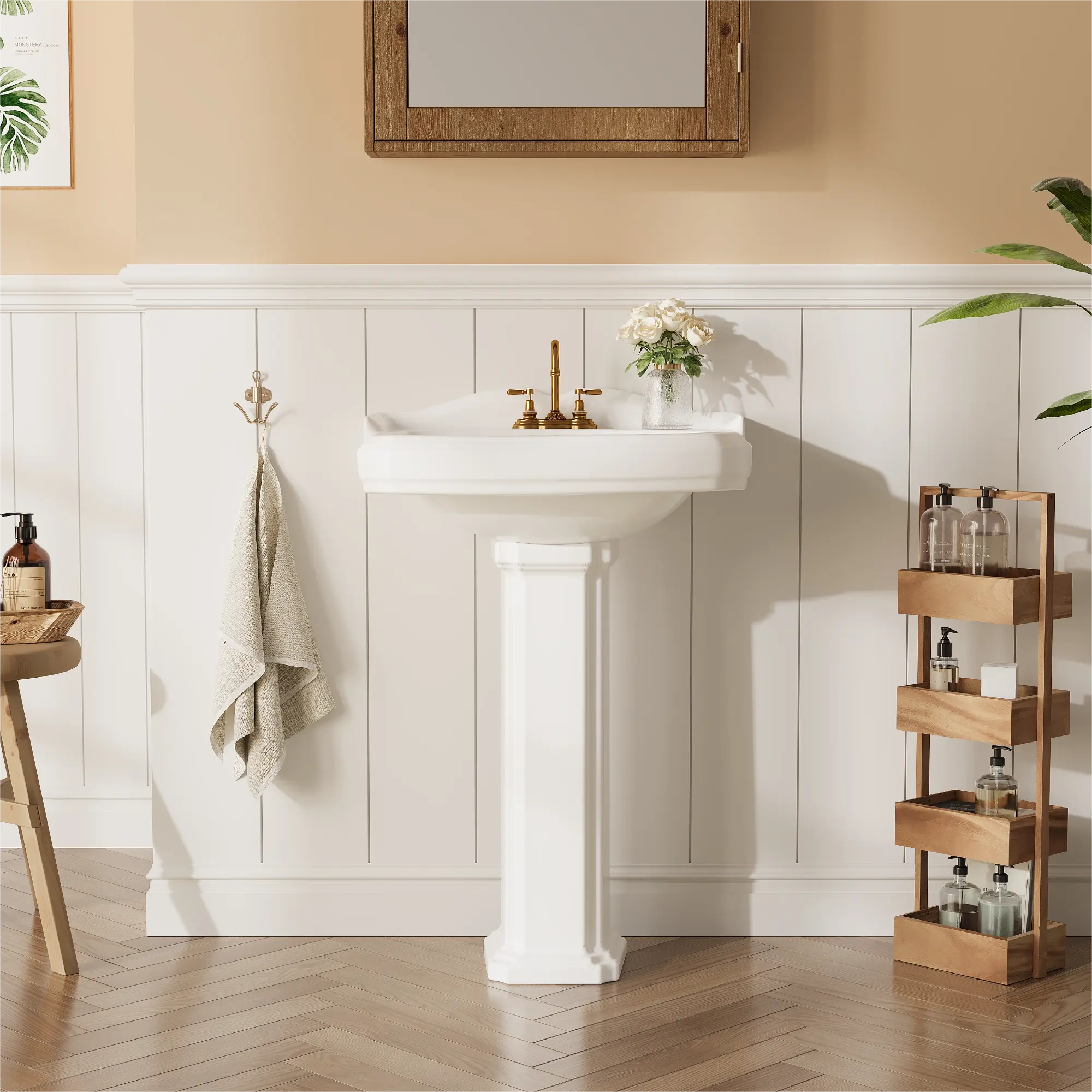23"×19" Classic White Ceramic Pedestal Sink, Freestanding Rectangular Bathroom Basin with Overflow & Pre-Drilled Faucet Holes for Restroom Powder Room