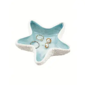 1pc Porcelain Ocean-Themed Jewelry Holder Box - Decorative Ceramic Seashell/Starfish Trinket Dish for Rings, Earrings, Necklaces, Bracelets, Watches, Keys - Home Organizer for Bathroom, Bedroom, Boxes