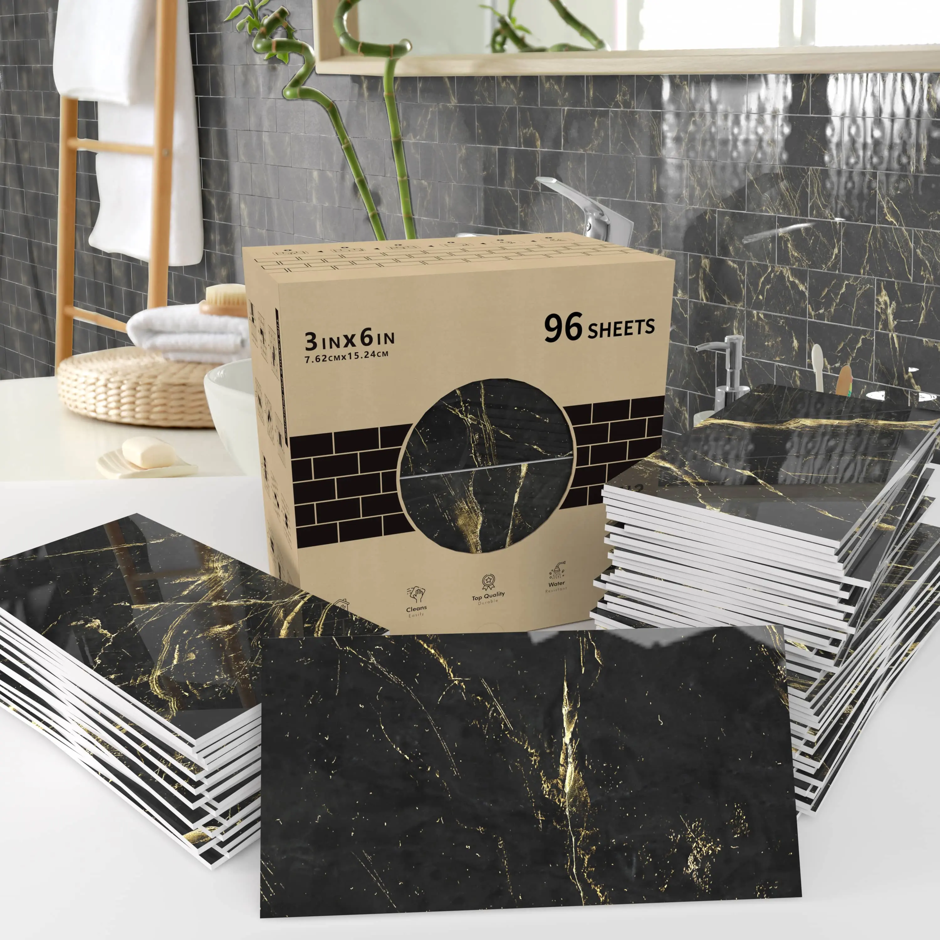 Kuujojo 96 pcs Flat Durable Decorative Removable Peel & Stick Wall Tiles Stickers - Waterproof Semi-Matte PVC, Easy-Remove, Bathroom-Safe DIY Home Improvement Decor for Kitchen Projects
