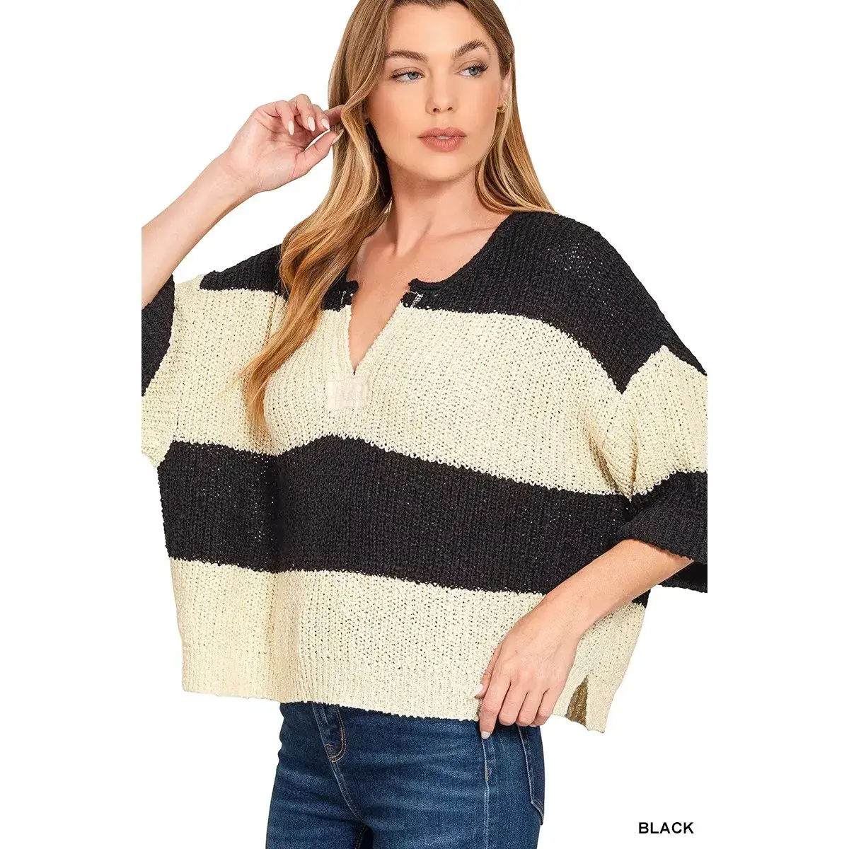 Zenana Split Neck Stripe Sweater