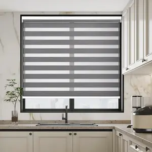 Custom No-Drill Zebra Blinds 100% Blackout - Cordless Dual Layer Roller Shades - Glacier