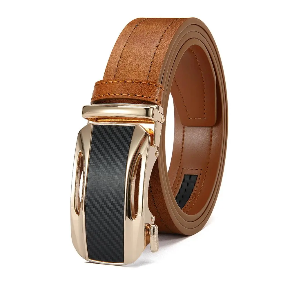 Men’s Leather Automatic-Lock Belt - Durable, Carbon Fiber Textured Clasp, Hollowed-Out Side Slots, Double-Sided Dual-Tone, Contrast Stitching - Automatic, Casual Buckle Belt for Work, Everyday Outings, Durable Men's Belts, Automatic Men's Belts