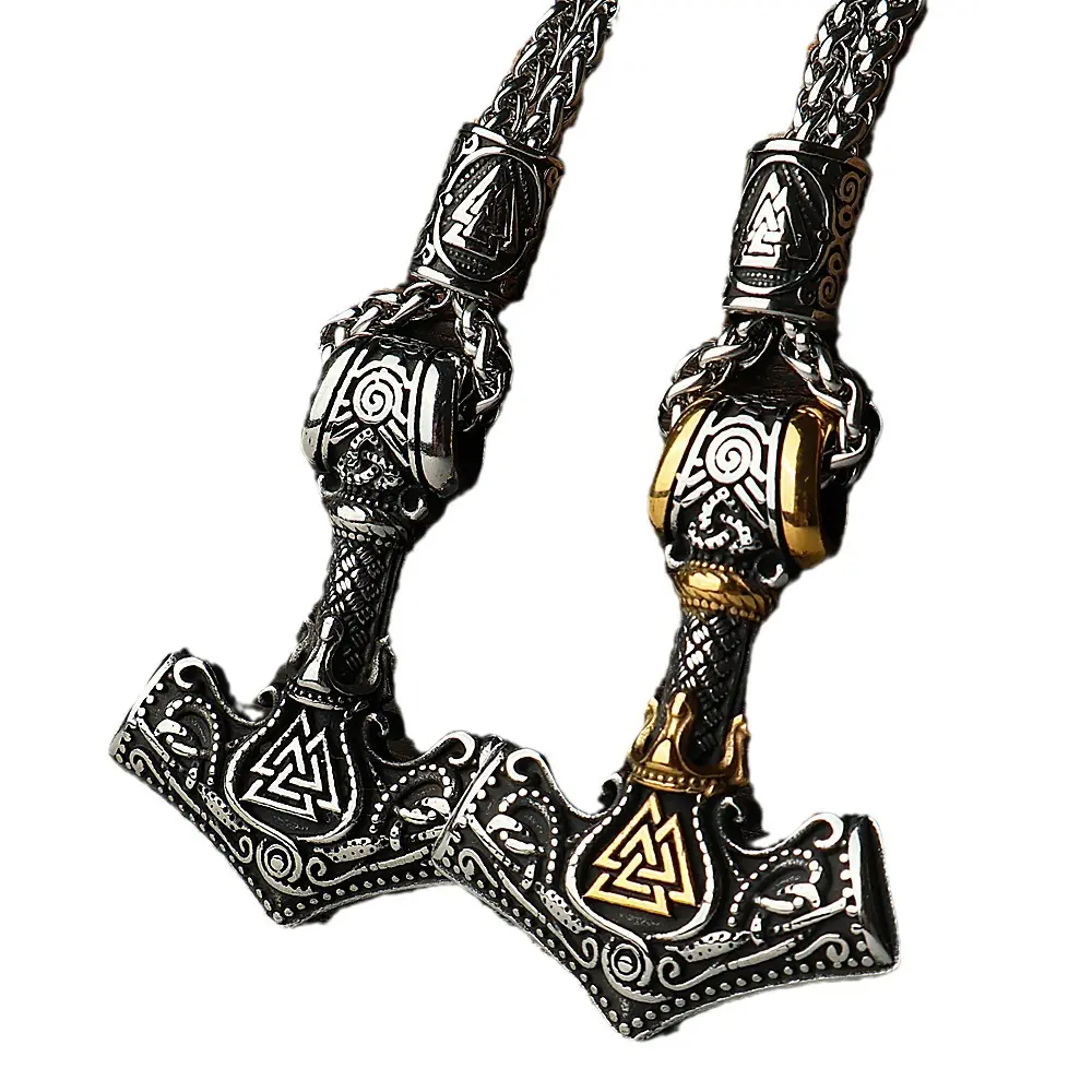 Men's Retro Titanium Steel Viking Thor's Hammer Pendant Necklace - Gold-Plated Byzantine Chain, Hand-Picked Crystals, Hand-Engraved Emblem Necklace, Father's Day Gift for Guys, Boyfriend Gift Idea, Father's Day Gifts, Mens Gifts