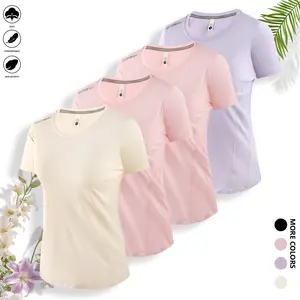 Set of 4 solid-color crewneck T-shirts, casual loose fit short-sleeve tees for spring/summer, machine washable—ideal for everyday wear and home use