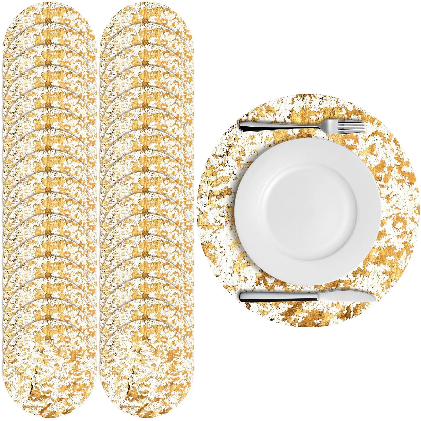 50 Pcs Disposable Gold Placemats – 13 Inch Round Metallic Foil Pattern Table Doilies for Wedding, Birthday Party, Holiday Dinner & Table Setting Decoration