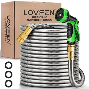 LOVFEN 5/8" Stainless Steel Garden Hose 50FT, Heavy Duty Water Hose With 10 Function Nozzle, No-Kink, Tough & Flexible, Sturdy and Lightweight, Rust Proof for Yard, Outdoor, RV