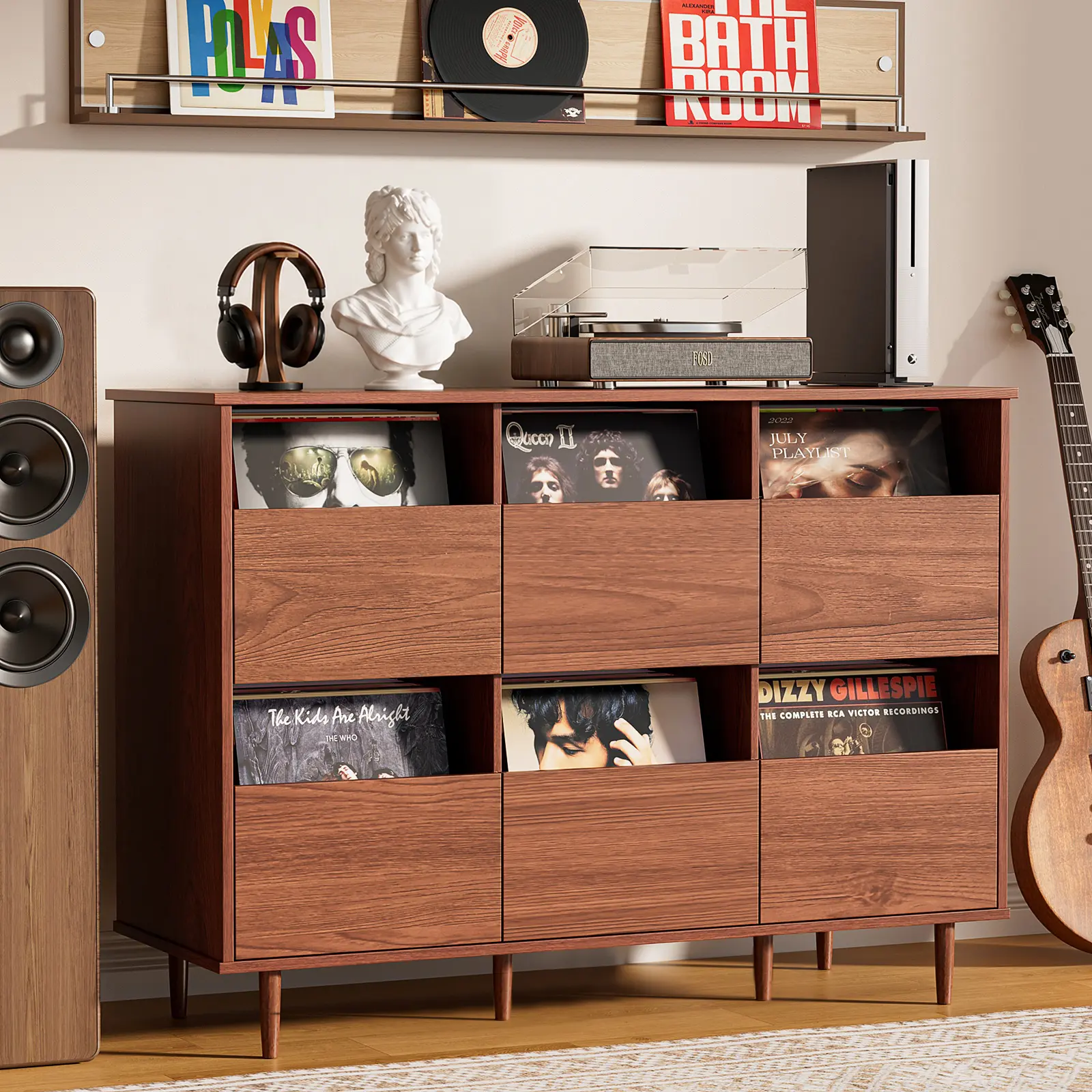 BROTTAR Large Record Player Stand with Vinyl Storage , 2-Tier Record Storage Cabinet, Mid Century Turntable Stand, Vinyl Record Storage with Shelves for Bedroom, Living Room, Office (Walnut),dorm essentials,home decor