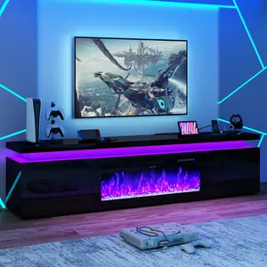 Fireplace TV Stand/LED TV Stand for 70/75/80/85/90/95 inch TV , TV Stand with 40" Electric Fireplace & Power Outlet, High Gloss Surface, 2 Storage Cabinet, Modern Style for Living Room (83 Inch/71 Inch, White/Black)