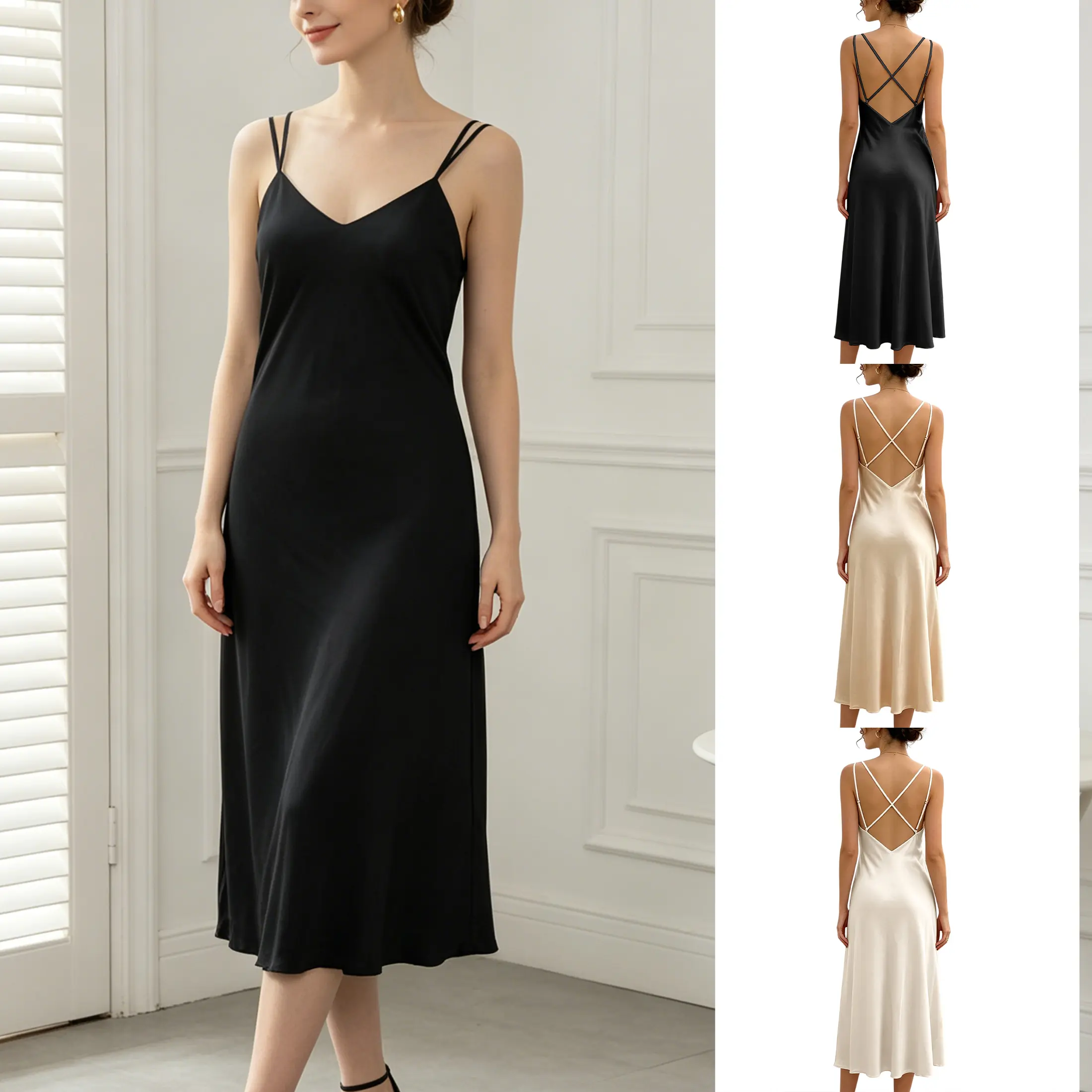 SCUSTY French Satin Long Summer Dress Old Money Style Elegant V Neck Cross Back Dress With Removable Padded Cups Adjustable Straps Casual Party Vacation Midi Dress