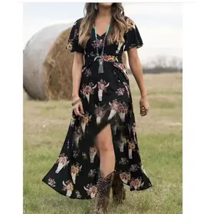Western American Clothing Women's Dresses Bull Head Printed Womens Cowgirls Short Sleeve Loose Maxi split Dress For Women Casual Womenswear