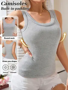 Women's Seamless Ribbed Vest with Padded Cups, Round Neck Design, Slimming Fit, Breathable and Lightweight, All-Day Comfort