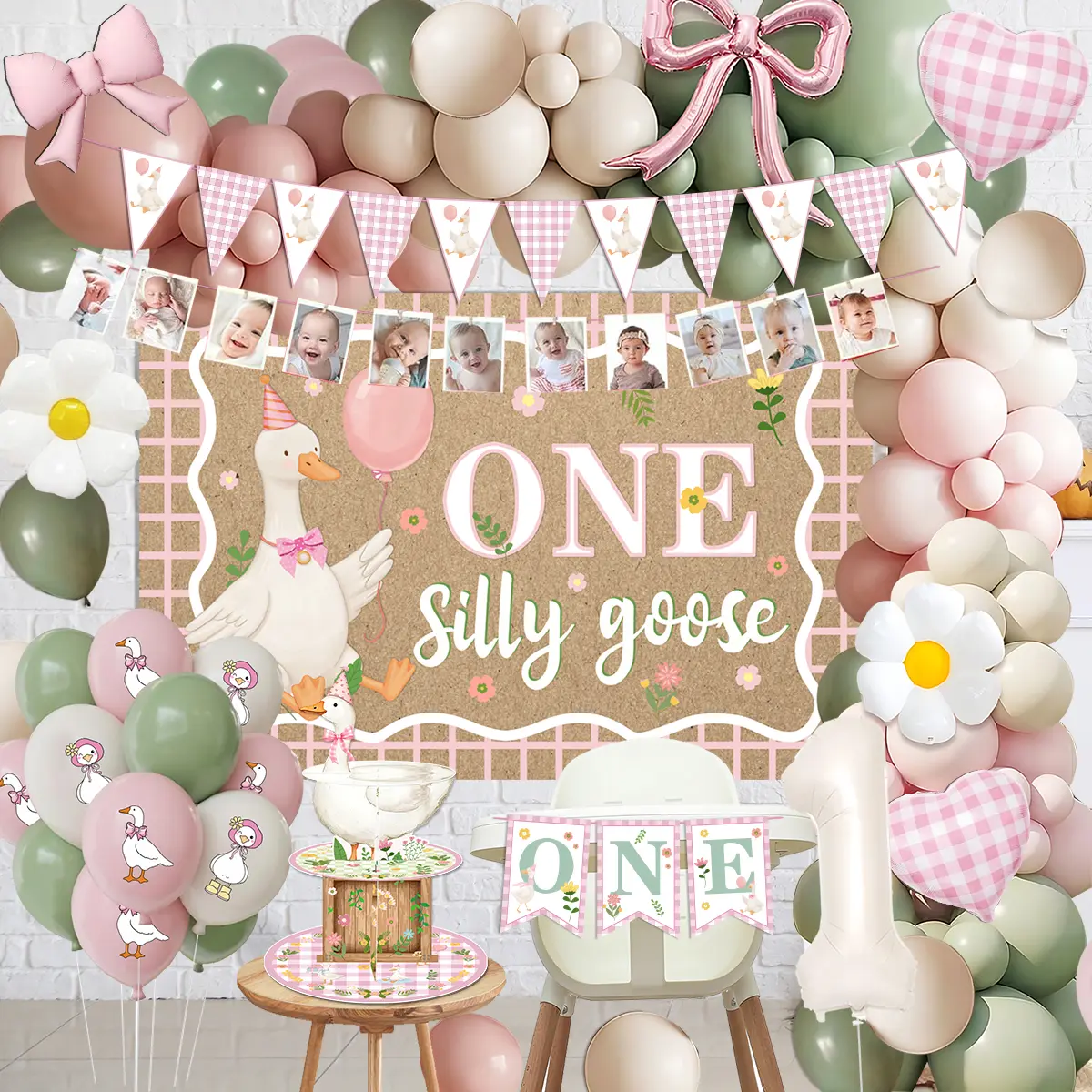 One Silly Goose 1st Birthday Party Decorations Set, 146Pcs Daisy Pink Sage Green Balloons Arch Kit, Goose Backdrop Banner, Paper Cake Stand for Girls