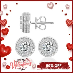 Delzzad Round VVS Synthetic Moissanite Hip Hop Iced Out Halo Stud Earrings Synthetic Moissanite Jewelry Perfect Birthday Anniversary Gift for Women Accessories Men Studearrings